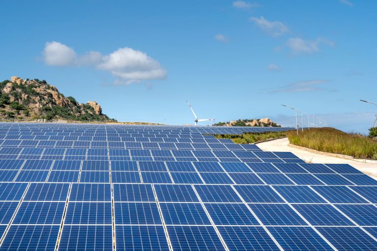 Filas de placas solares en un campo abierto con colinas al fondo